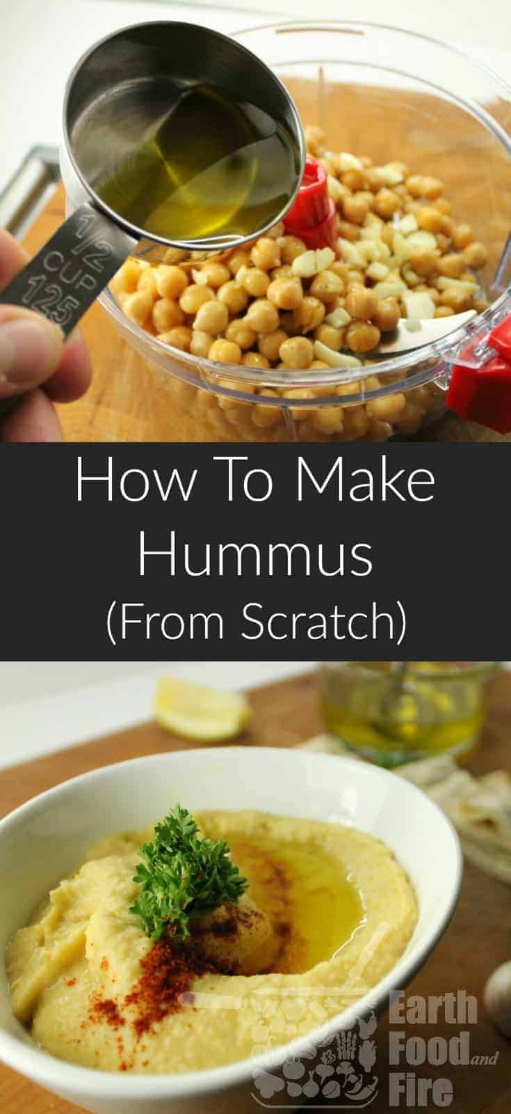 Learn how to make hummus from scratch with this simple 5 ingredient recipe. Easily modified to suit your own tastes & great as a dip for crudites or a spread on wraps! #hummus #chickpeas #snacks #glutenfree