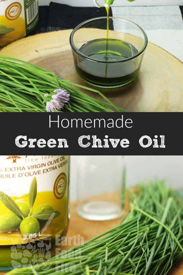 A quick recipe for flavored chive oil. An easy way to preserve your herbs for the Fall and Winter seasons, this chive oil is great in marinades and vinaigrette. #chives #oil #diy #condiments