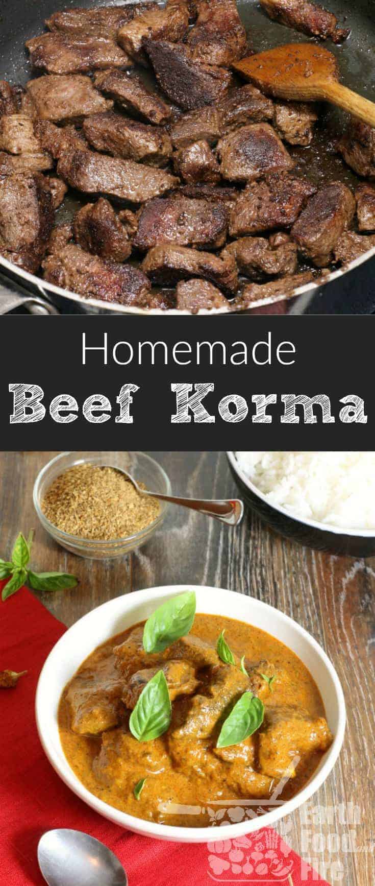 A popular curry dish with Persian and Indian history, this beef korma recipe is easy to make at home with everyday ingredients. Create your own curry blend or use a store bought one to make this simple and flavorful beef korma any day of the week. #curry #beef #korma #glutenfree