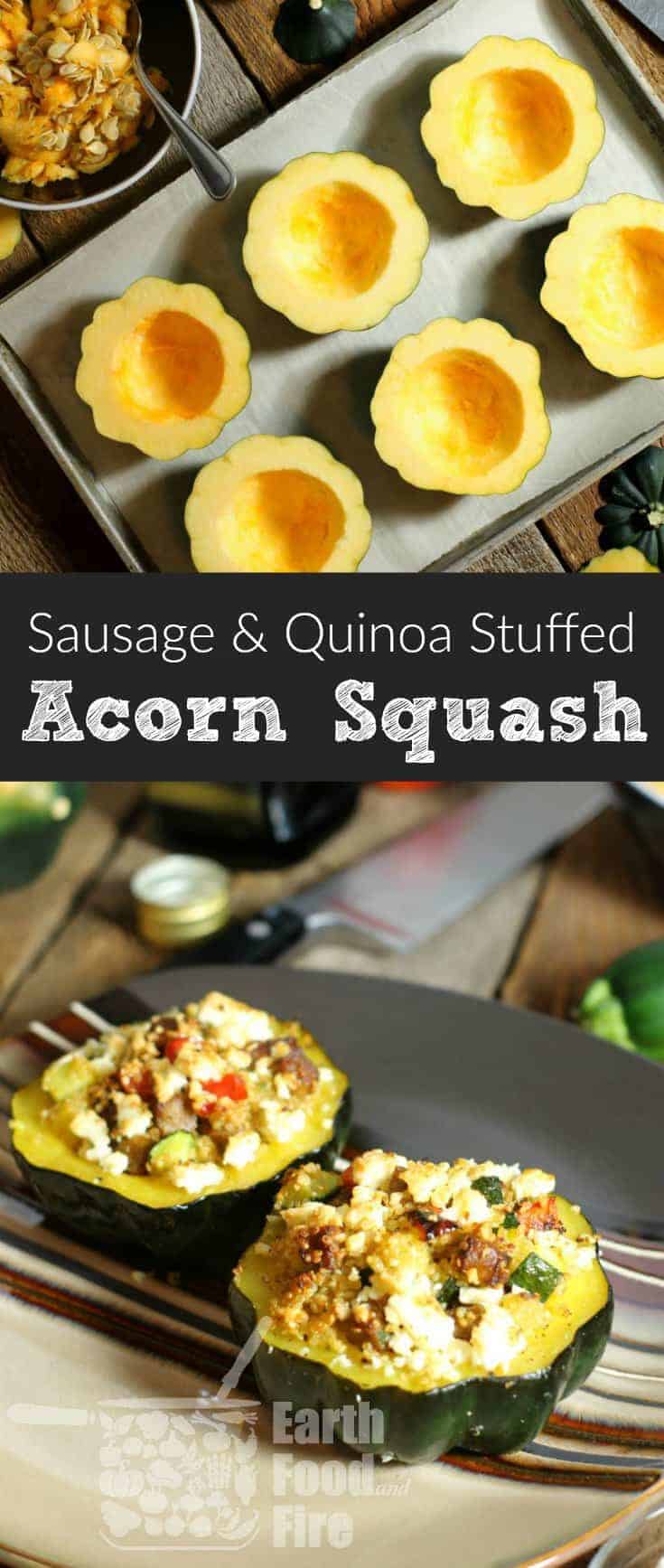 These quinoa and sausage stuffed acorn squash are a flavor packed and healthy 'all in one' meal. Perfect on their own or served at a family gathering or potluck. #acornsquash #stuffed #glutenfree #quinoa