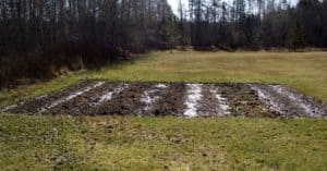a large tilled vegetable plot ready to be worked.
