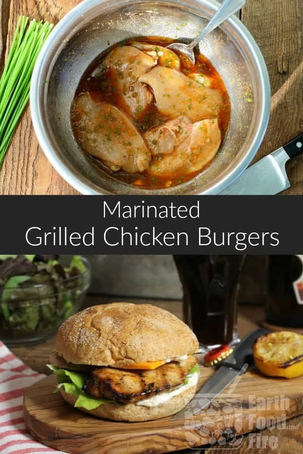 These marinated grilled chicken burgers are juicy, tender and full of flavor. Perfect for a weeknight summer meal or BBQ. #bbq #chickenburgers #marinatedchicken #chickenbreastburger #grilledchicken