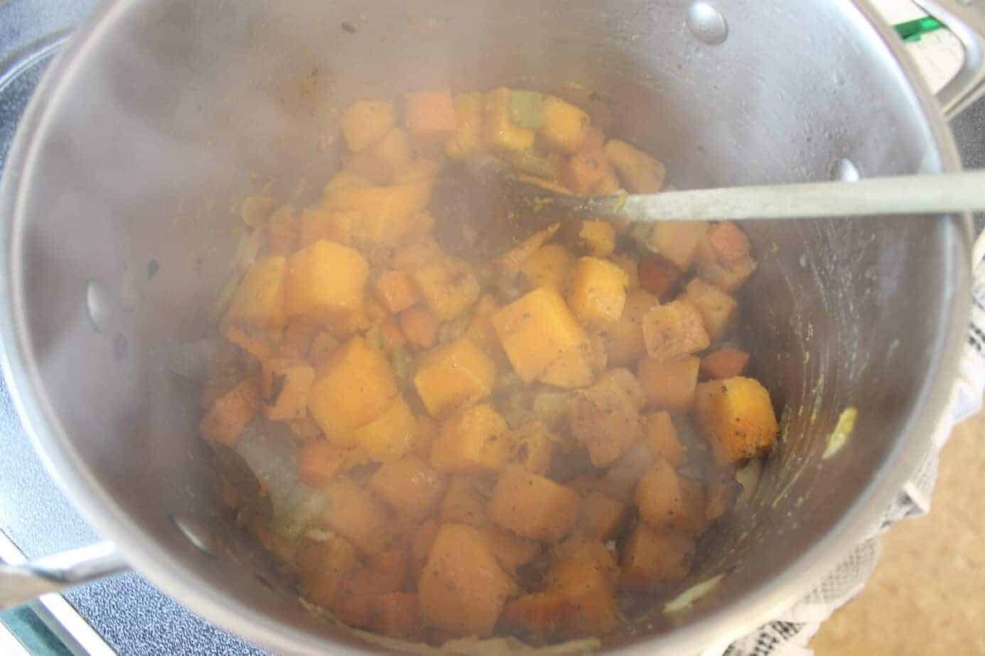 soup ingredients cooking in a pot, with garam masala spice