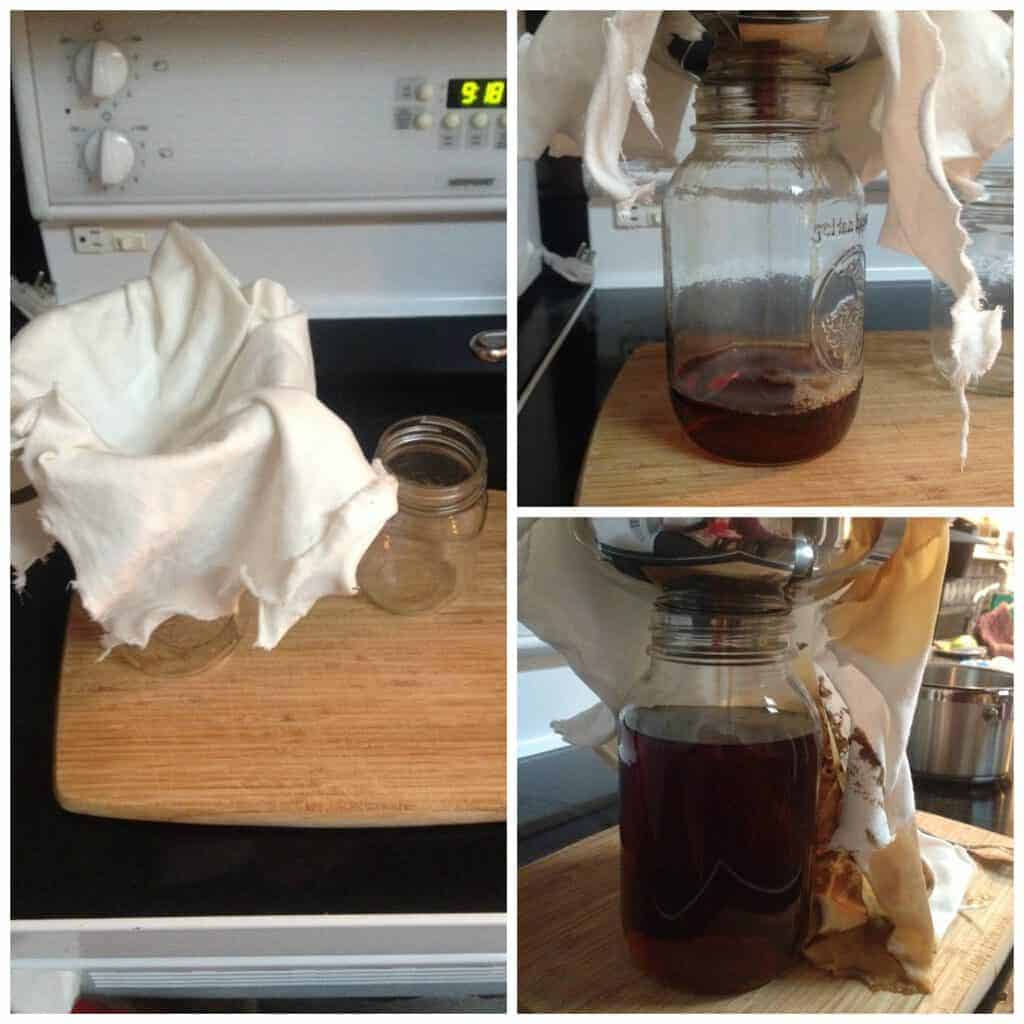 filtering homemade maple syrup through cheese cloth