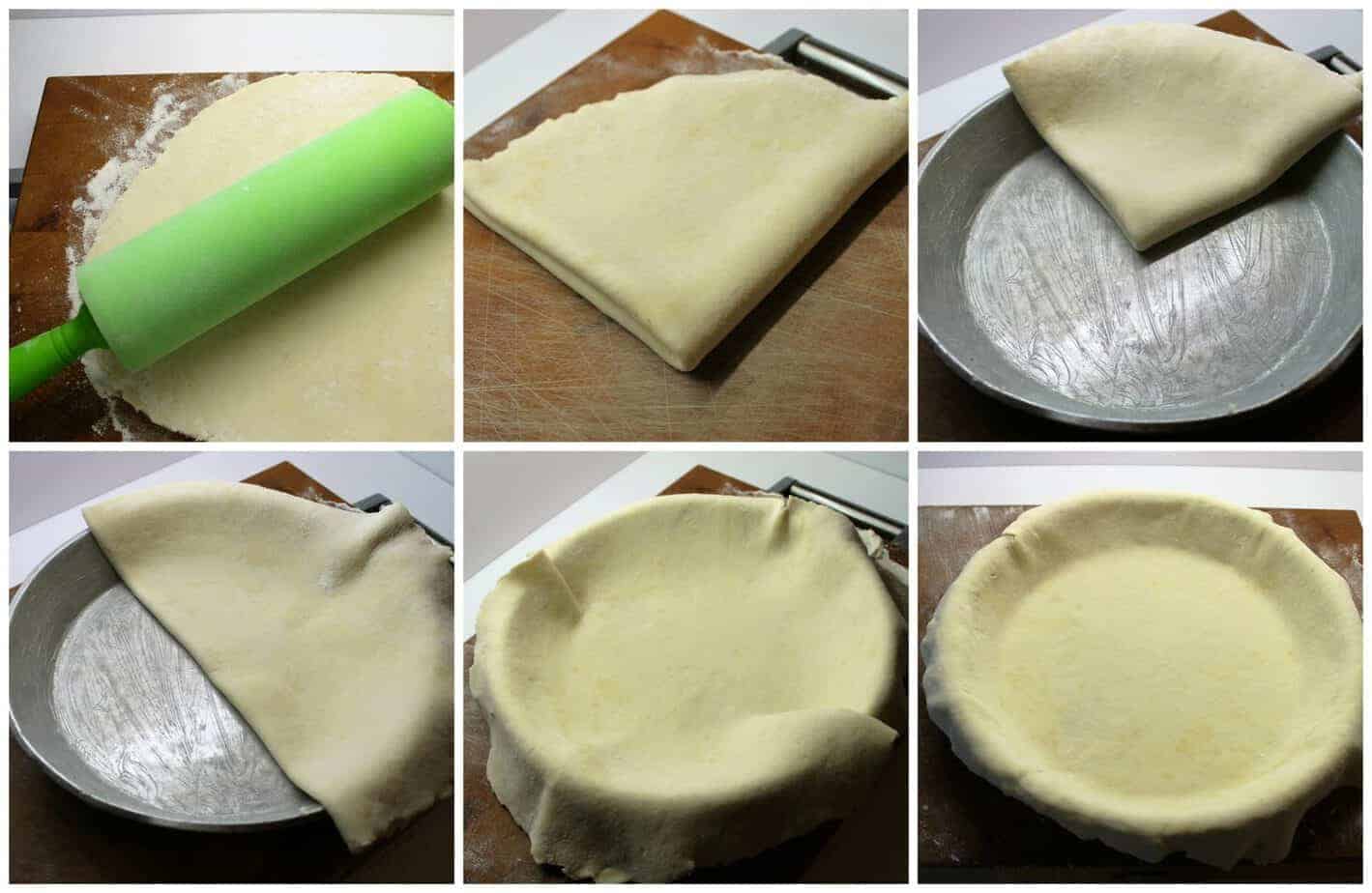  sequence showing how to place pie dough in a pie pan