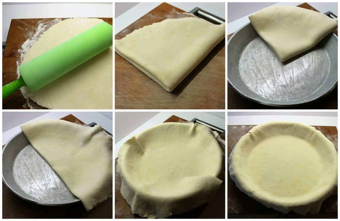 sequence showing how to place pie dough in a pie pan