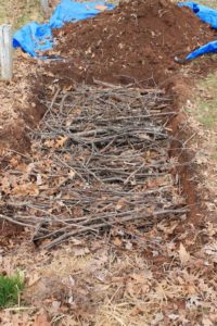 dug out garden plot filled with branches and twigs