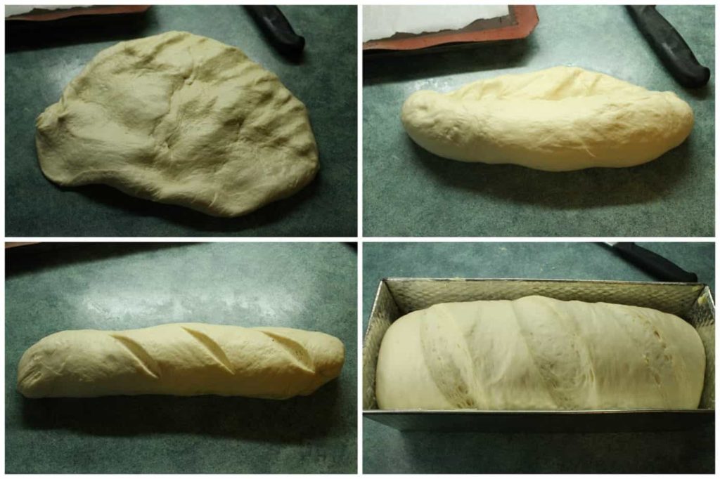 A series of pictures showing how bread is shaped before being placed into a loaf pan.