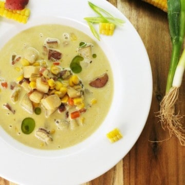 top down view of a bowl of potato bacon corn chowder