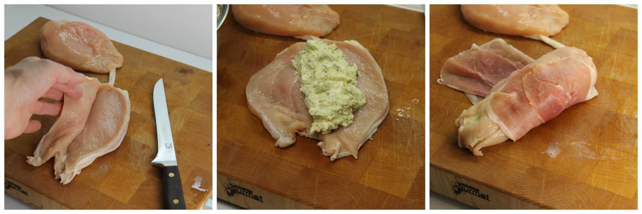 butterflying, stuffing, and wrapping a chicken breast in proscuitto