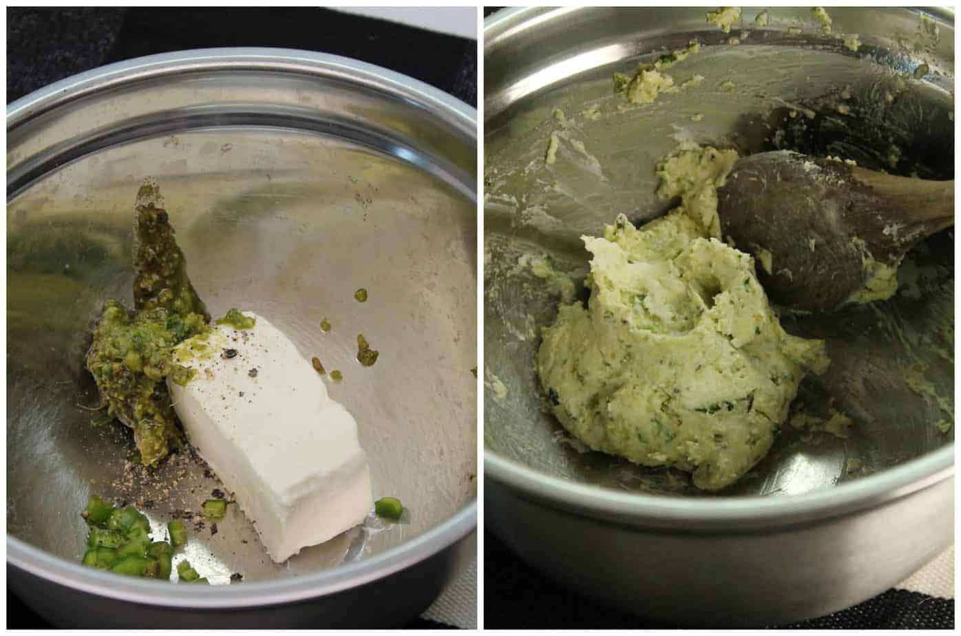 basil cream cheese stuffing mixture being mixed in a steel bowl