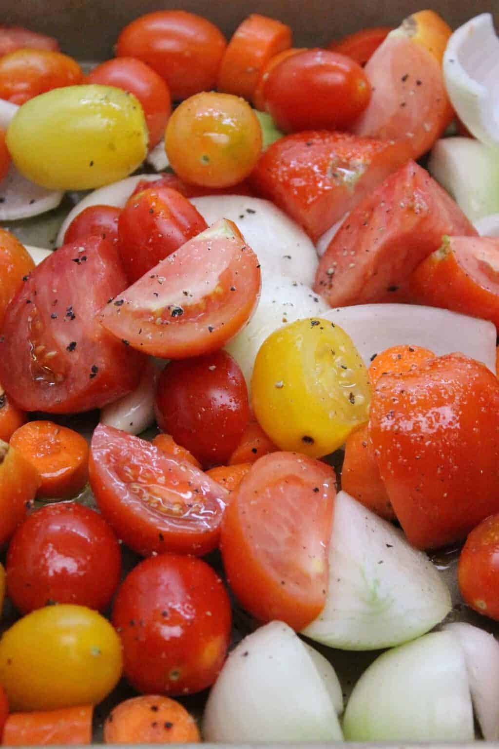 Evenly diced vegetables ready to be roasted