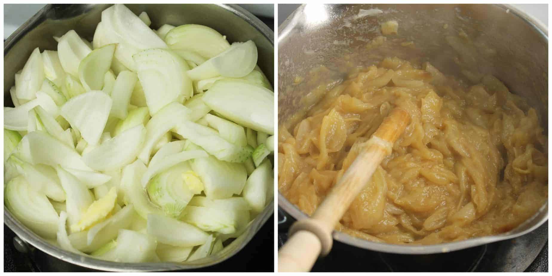Onions being caramelised in a pot on a stove. before and after cooking