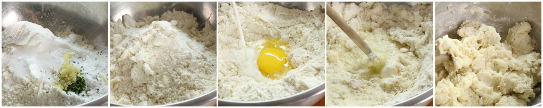 A series of images showing how to properly mix the garlic biscuit dough