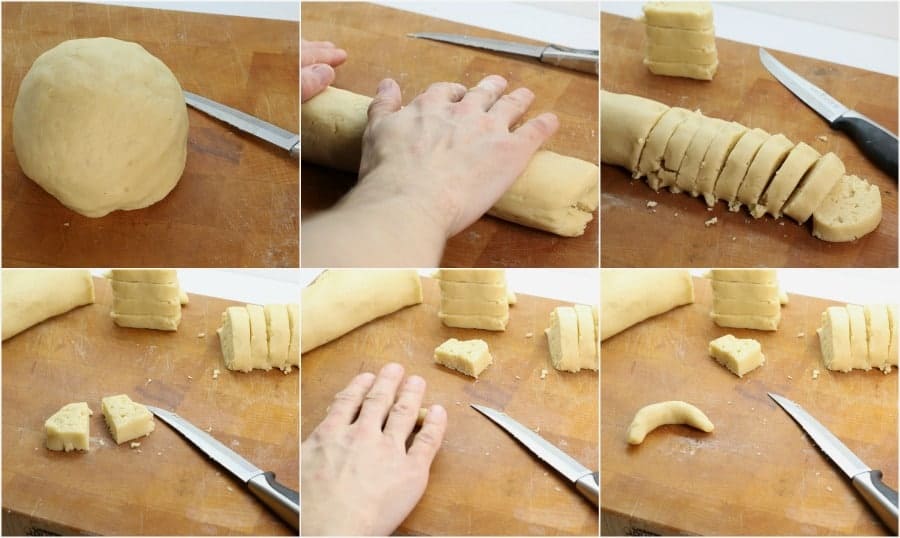 a series of images showing how to roll out and cut vanillekipferl cookie dough.
