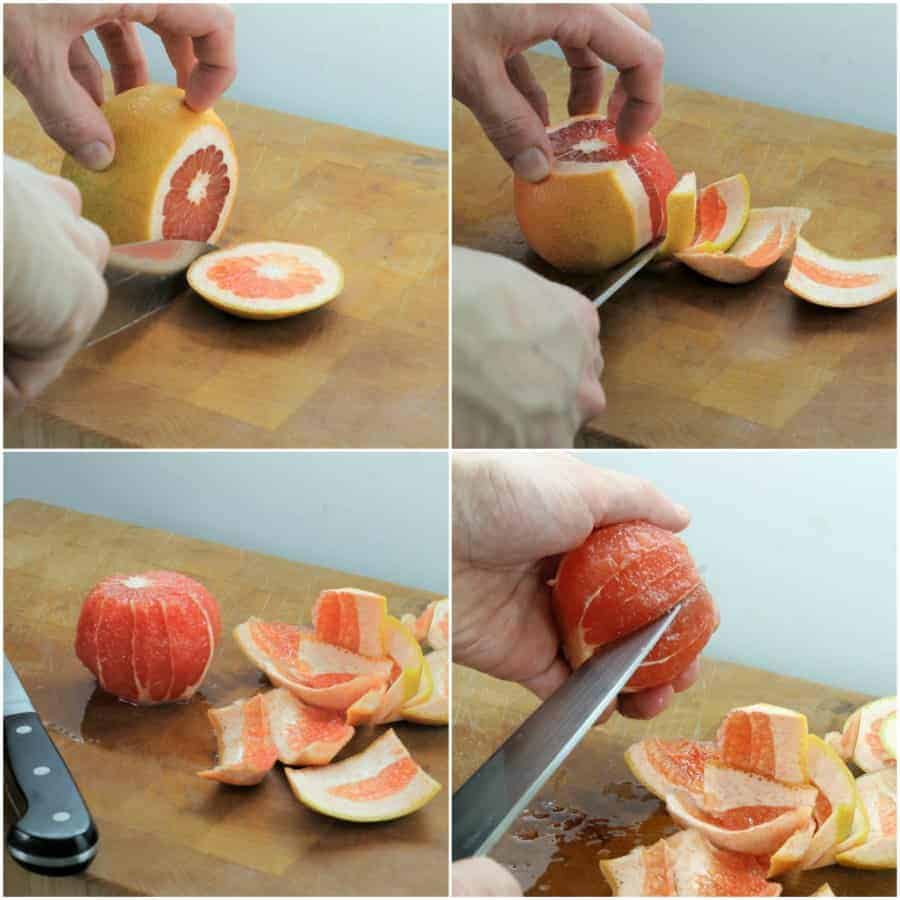 four pictures showing how to peel and segment a grapefruit citrus
