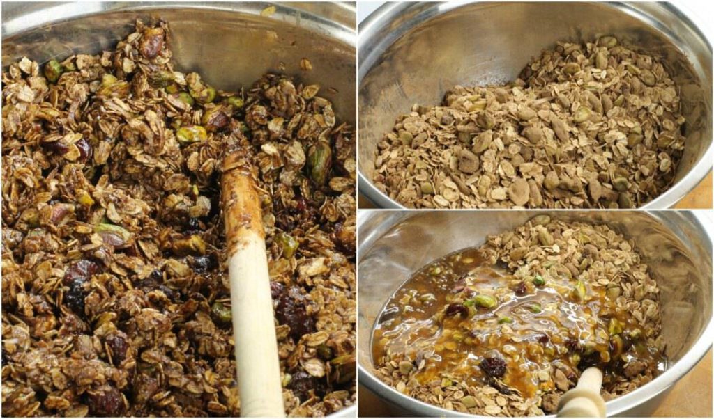 A series of images showing how to Mix all the ingredients for pistachio granola bars
