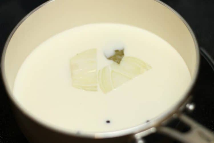 onion, peppercorns, and a bay leaf simmering in a pot of milk in preparation of making bechamel sauce