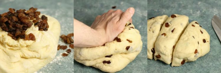 After letting the dough rise, knead in the raisins!