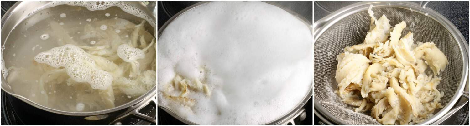 Boil the salt cod twice to remove excess salt.