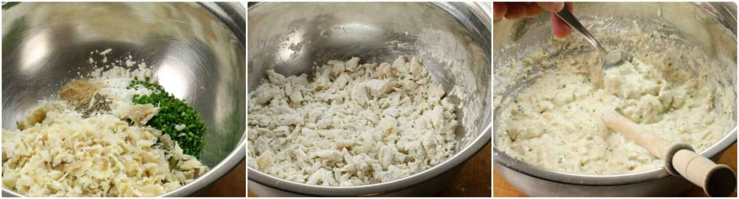 Add the dry ingredients to the boiled and flakes salt cod before mixing in the liquids
