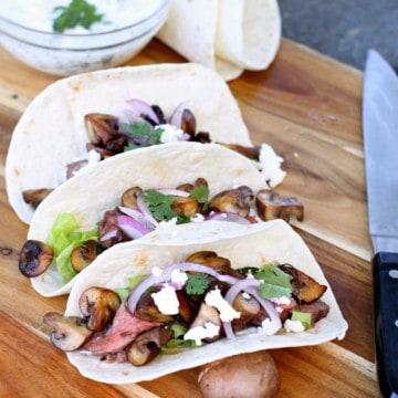 Steak and mushrooms are the definition of comfort food! These flank steak tacos are the perfect appetizer or gourmet snack for mushroom lovers!