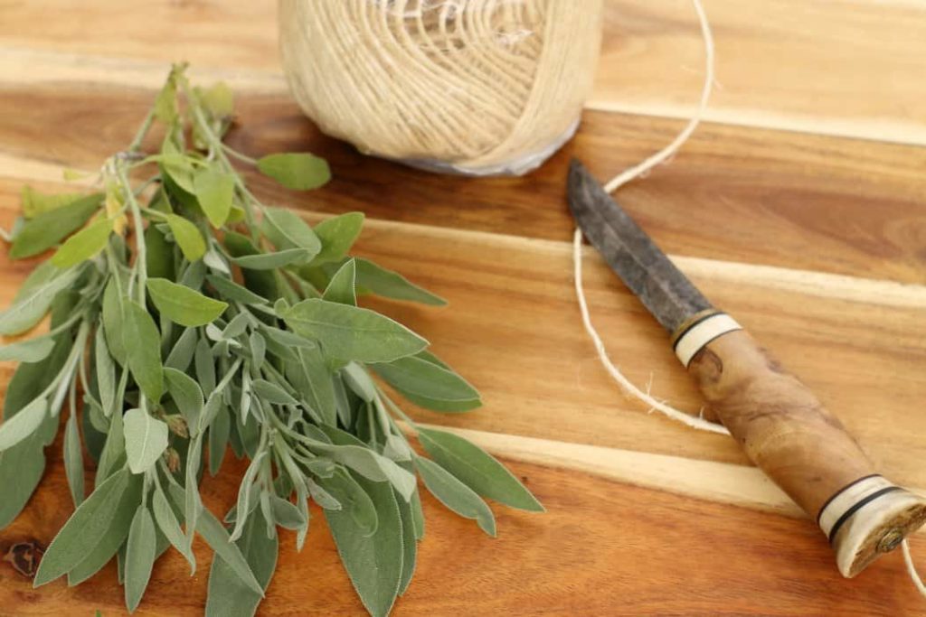 a bunch of sage on a wooden board with twine and a knife