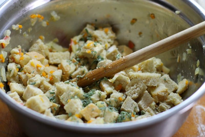 Mix the apple and sage stuffing in a bowl to prevent excess mess!