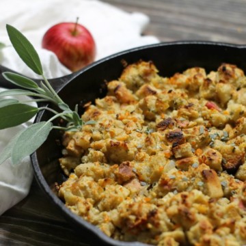 Easy to make, moist, and full of flavor, this apple and sage stuffing cooked in a cast iron skillet will become your new favorite dressing!
