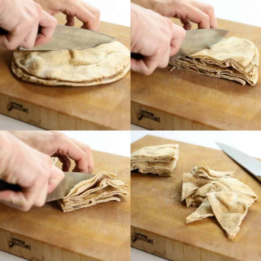 Cut the pita bread into 1é8ths to create bite sized chips!