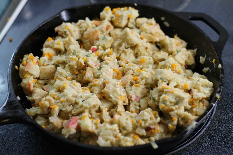 place the apple and sage skillet stuffing in a greased cast iron skillet.