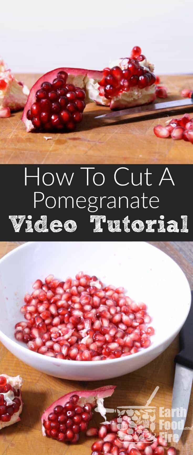 Fresh pomegranates are delicious and can be used an a variety of recipes. Learn how to cut open a pomegranate without creating a giant red mess! #pomegranate #video #kitchenhacks