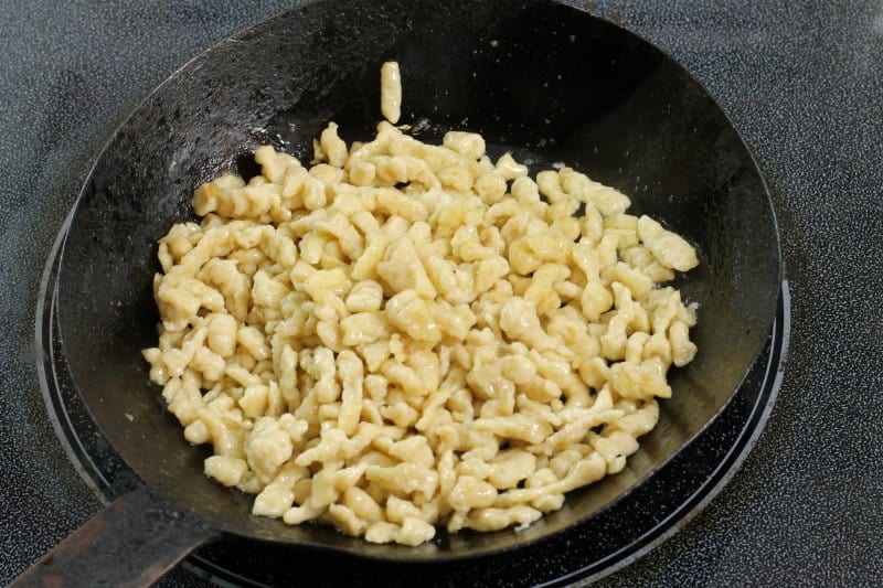 Pan fry the homemade spaetzle noodles in some butter.