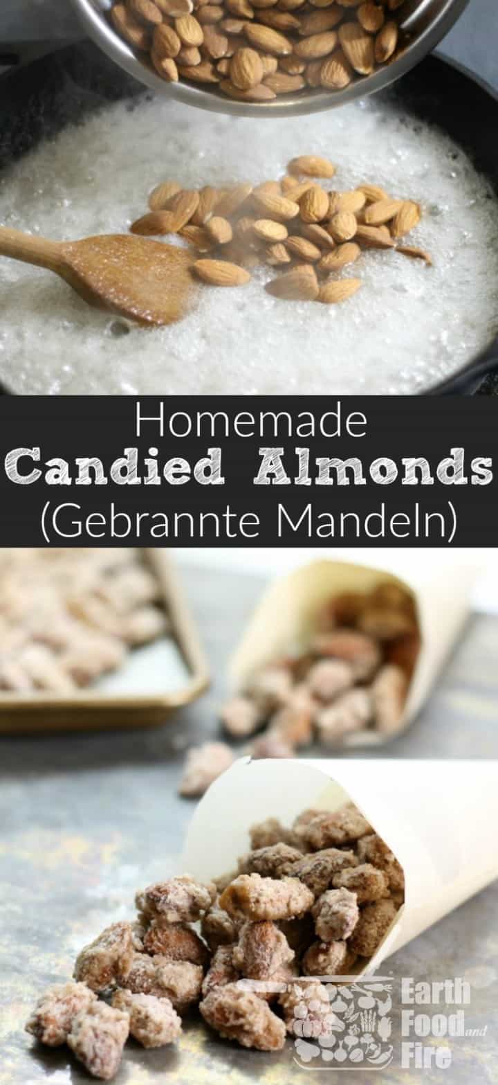 A delicious treat especially during the holiday season, candied almonds,('gebrannte mandeln' in German) are easy to make at home with only a handful of ingredients. Kids and adults a like will love these sweet roasted nuts! Gluten Free and Dairy Free to boot! #almonds #snack #candied #nuts #christmas #glutenfree #treat