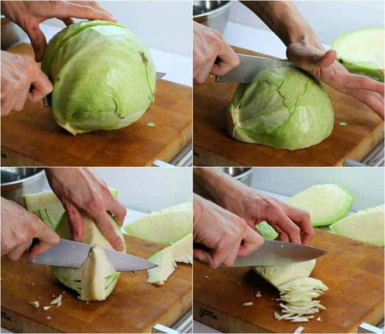 a series of four images showing how to remove the core from a cabbage and then julienne it.