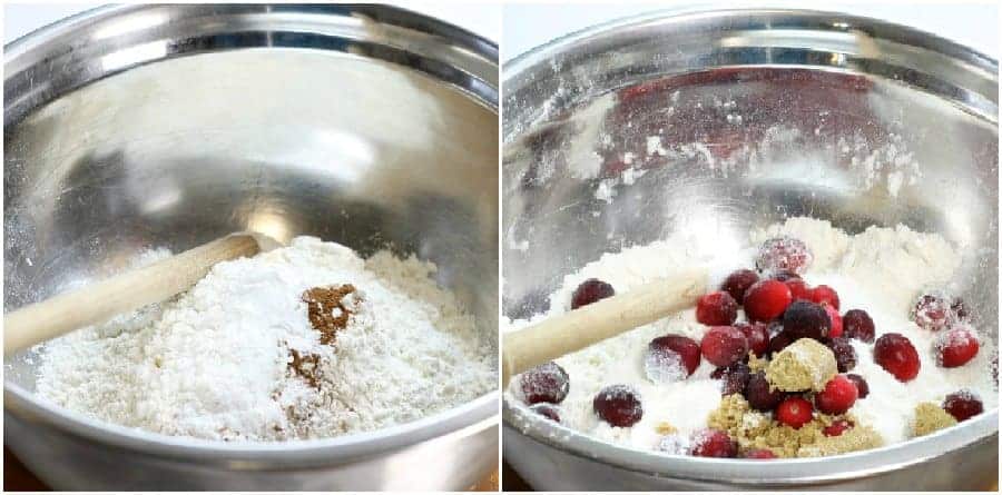 two mixing bowls showing how to mix the flour cinnamon, baking powder, sugar and fruit for the cranberry scones.