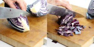 a side by side collage of pictures showing how to cut the core out of red cabbage and then slice it