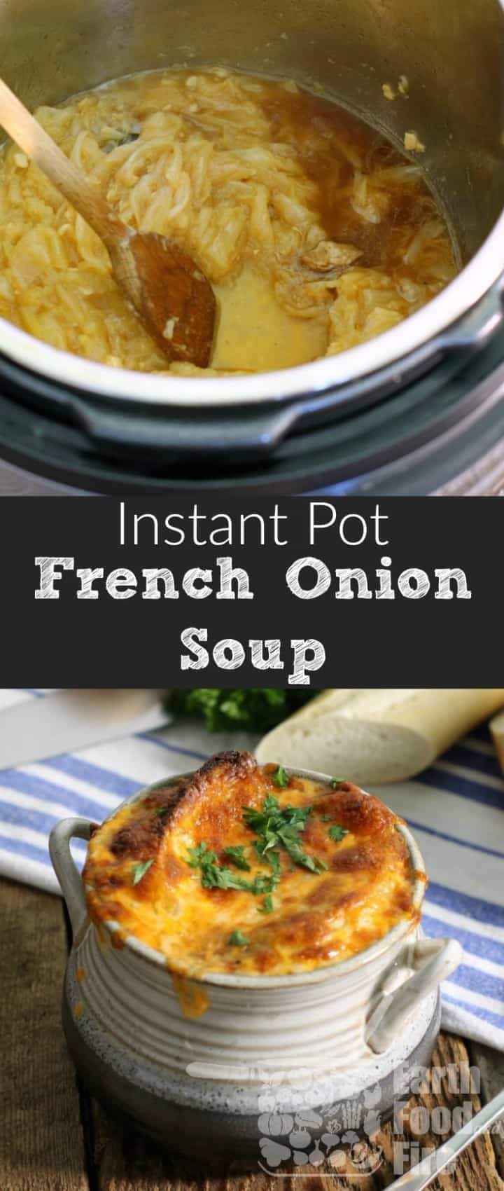 A classic soup full of sweet caramelized onions, rich beef broth, and topped with cheesy goodness, making restaurant quality French onion soup couldn't be easier then this! #glutenfree #frenchonionsoup #instantpot #onion #soup #appetizer #entree