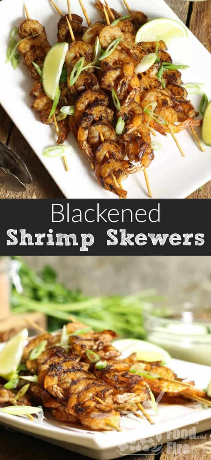 These blackened shrimp skewers are easy to make, and the ideal appetizer or party food item. They also make a great light meal when served with rice or salad and boast strong Cajun flavors. #cajun #shrimp #blackened #skewers