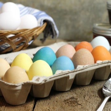 A dozen naturally dyed easter eggs made with homemade easter egg dye