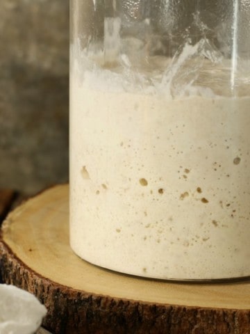 How to make sourdough starter from scratch . A close up shot of homemade sourdough starter in a glass jar