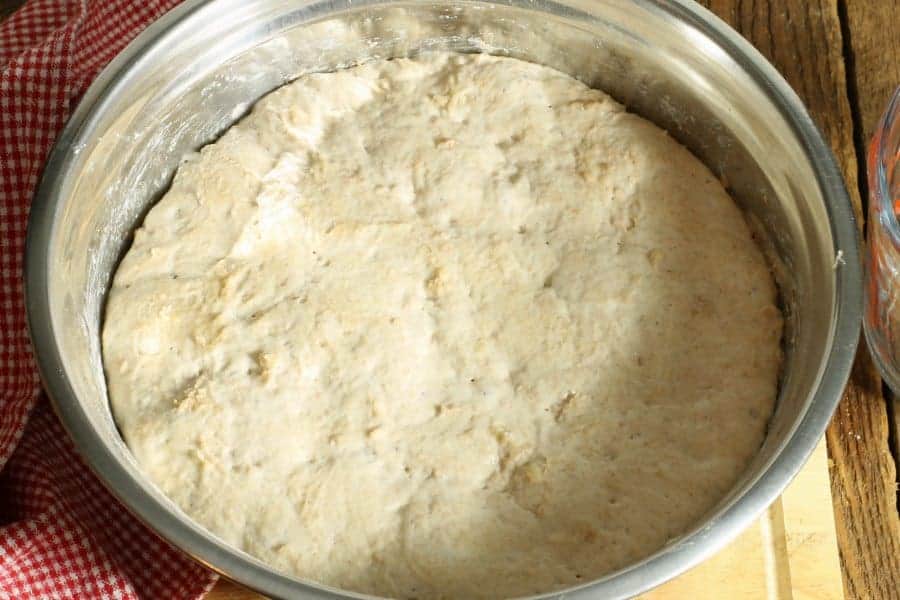 No knead sourdough dough in a bowl after rising overnight