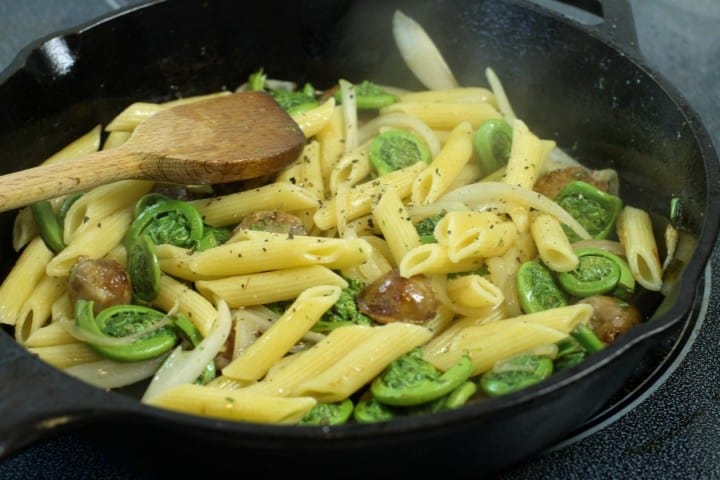 a quick fiddlehead pasta recipe in a cast iron pan