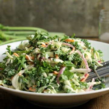 A simple kale slaw ready o be served at a family bbq or potluck