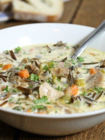 a bowl of leftover turkey wild rice soup
