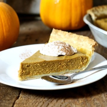 close up shot of a slice of dairy free pumpkin pie