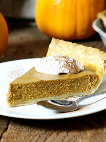 close up shot of a slice of dairy free pumpkin pie