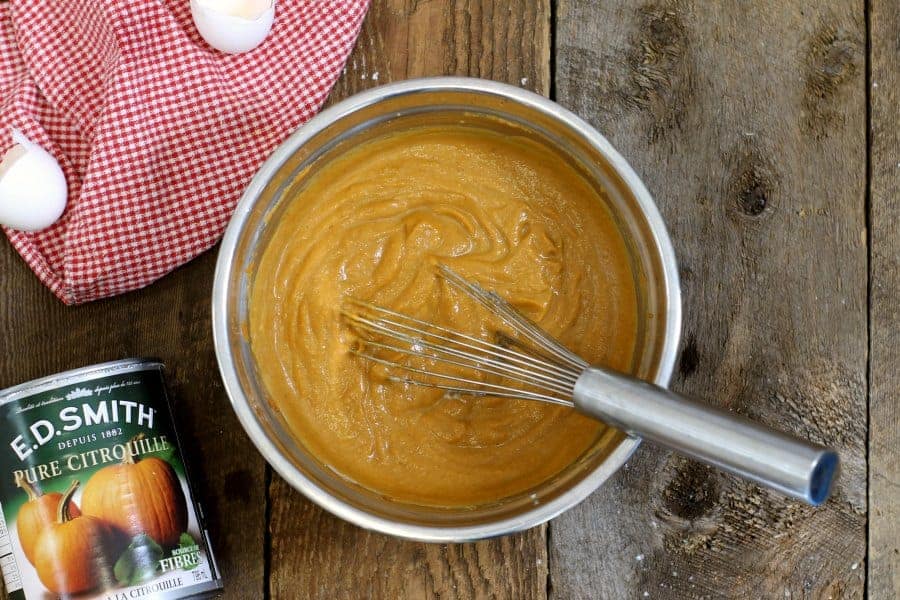 overhead shot of dairy free pumpkin pie filling in a steel bowl