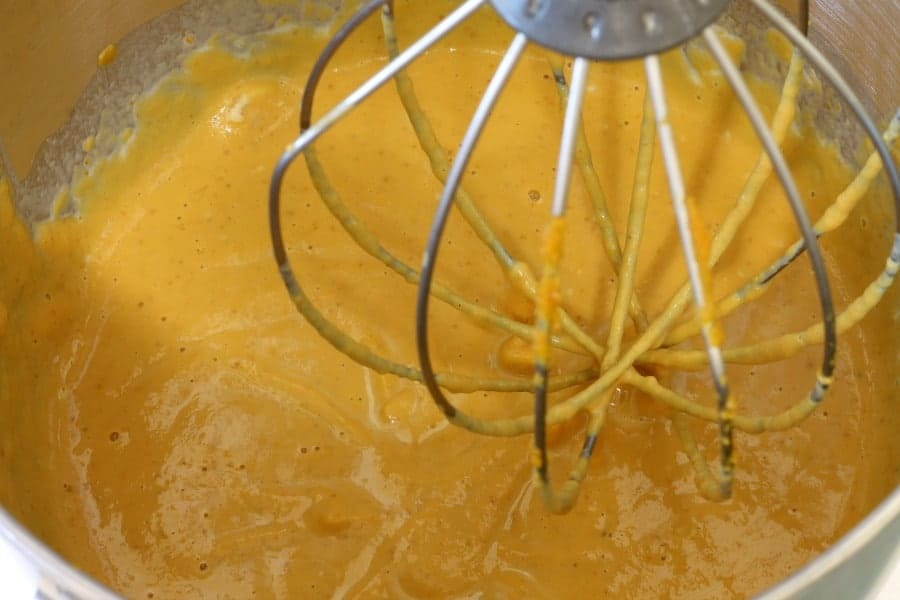 fully mixed pumpkin pie filling in a mixing bowl