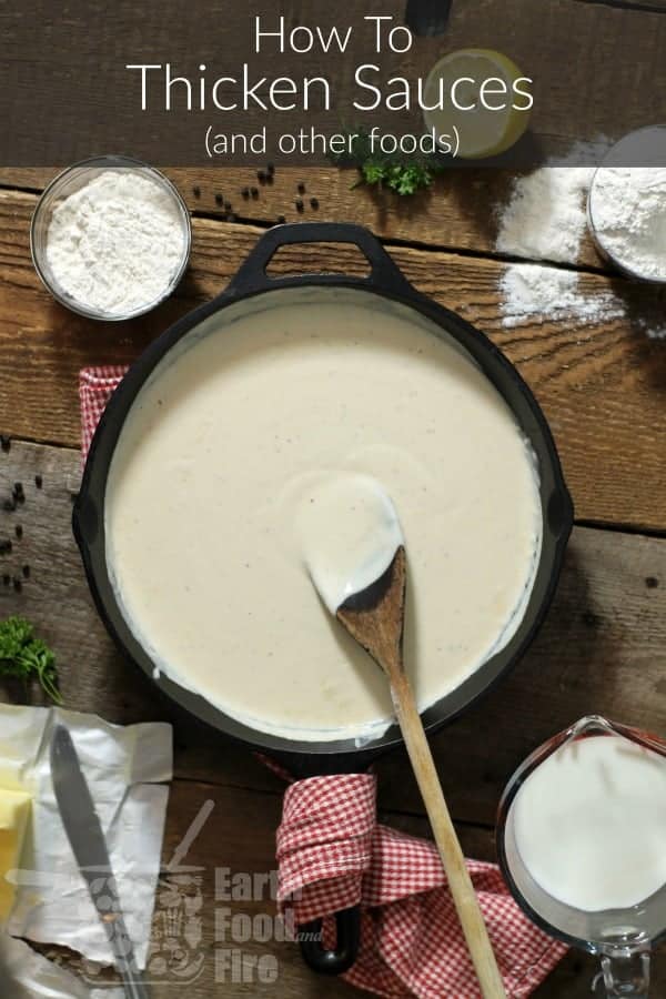 overhead view of a pan of thickened bechamel sauce surrounded by ingredients and overlaid with a banner reading 